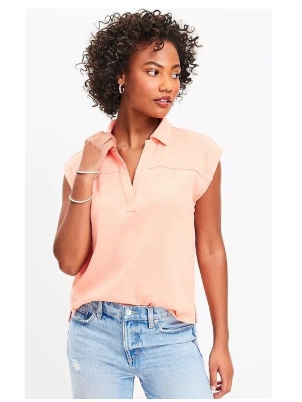 Ann Taylor LOFT Collared Split V-Neck Slub Cotton Relaxed Shirt Orange XS